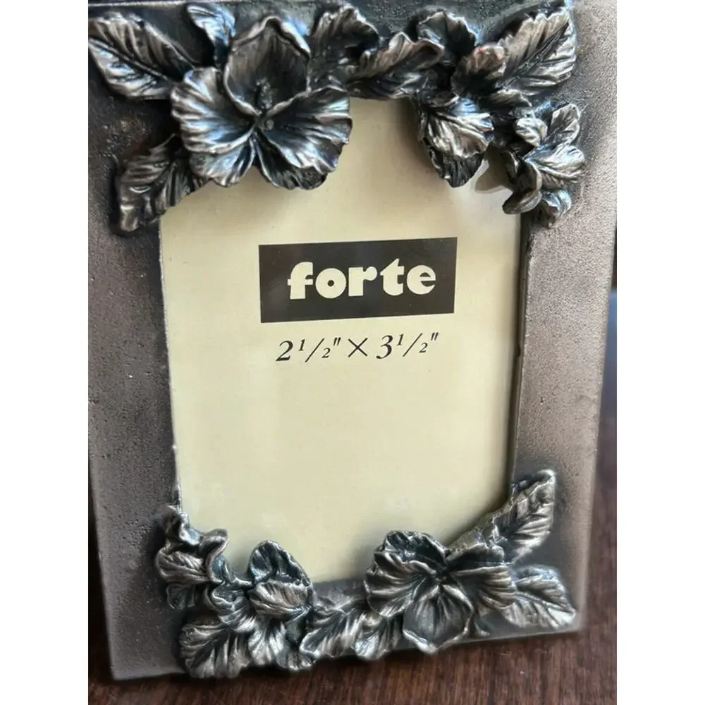 Vintage new Forte brand miniature picture frame floral pewter look